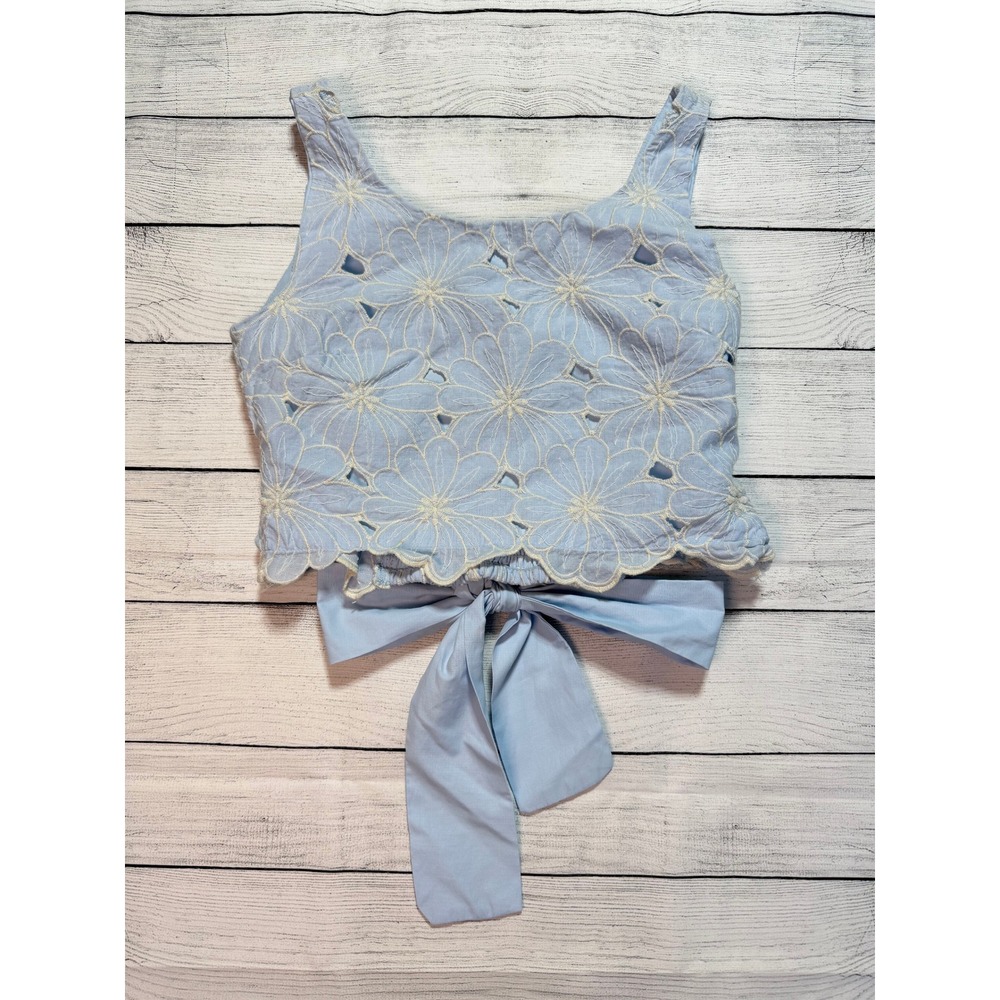 Blue Floral Eyelet Embroidered Flowers Crop Top‎ Small Boho Cottagecore Casual